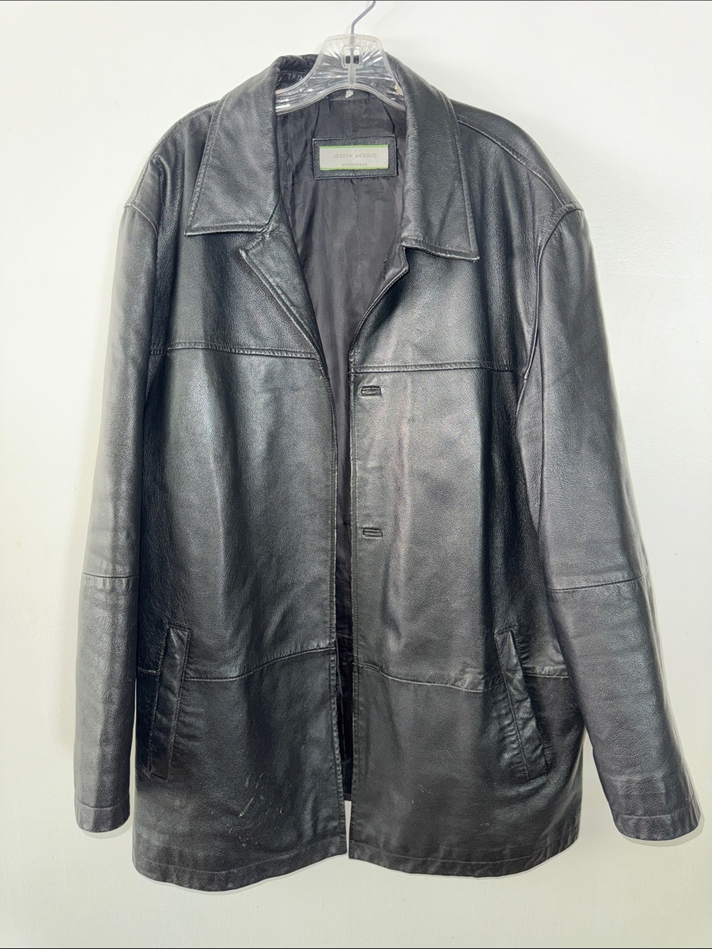 Vintage Joseph Abboud Black‎ Leather Car Coat Jacket Button Up Mens XL